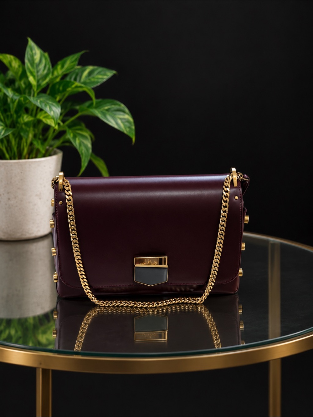 Jimmy Choo Burgundy Leather Shoulder Bag with Gold Chain